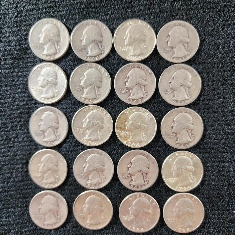 20 Washington Silver Quarters, D Mint Mark, 90%