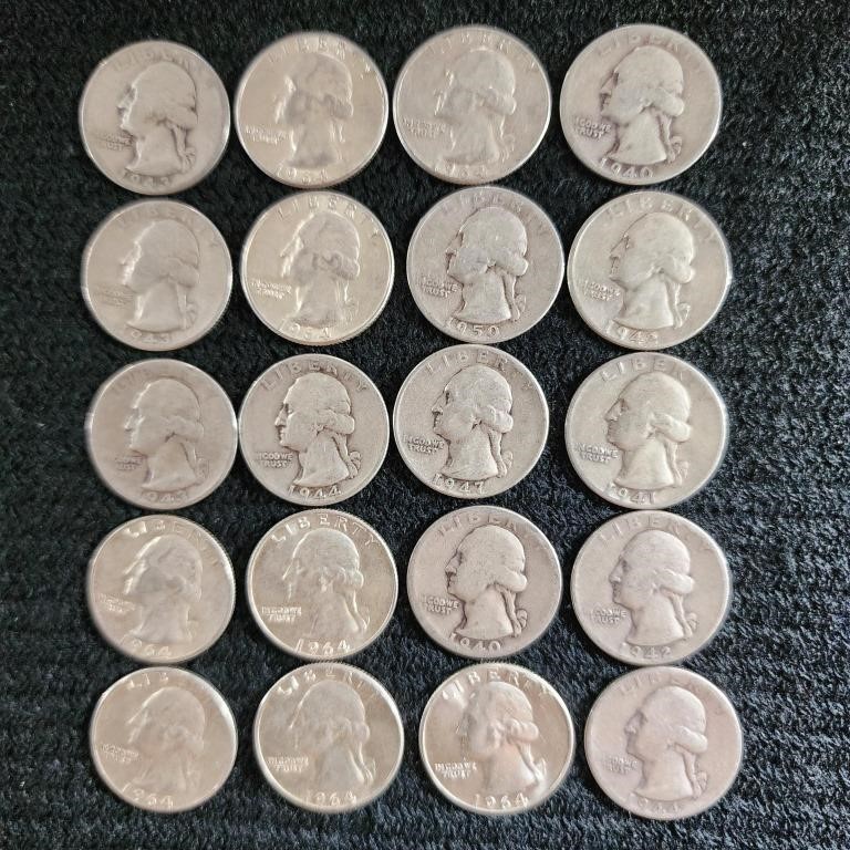 20 Washington Silver Quarters, D Mint Mark, 90%