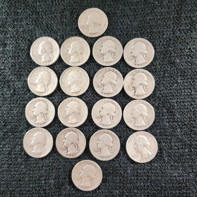 18 Washington Silver Quarters, 90% Silver