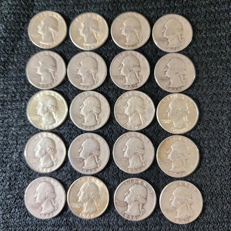 20 Washington Silver Quarters, D Mint Mark, 90%