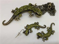 Vintage Rhinestone Lizard Brooch & Earring Set