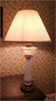 Glass & brass table lamp w/ pleated fabric shade &