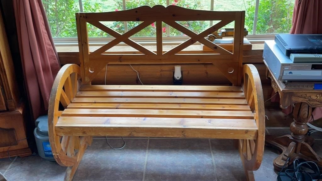 Rustic Wooden Bench With Slat Seat & Wagon Wheel