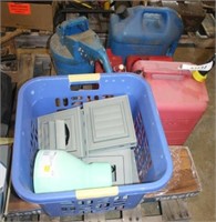lot w/gas cans, flooring & basket of vents