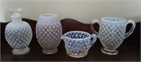 Opalescent hobnail pitchers, vases, perfumer