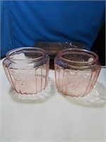 Pair of pink depression glass biscuit jars