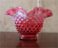 Vntg Fenton Opalescent Cranberry Hobnail Vase