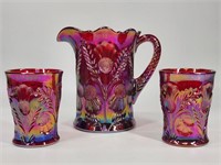 CARNIVAL GLASS INVERTED THISTLE PITCHER & TUMBLERS