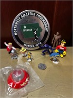 Small marvel and dc and misc figures with golf tin