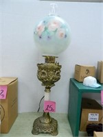 Antique Banquet Lamp w/ Handpainted Floral Shade