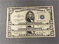 (3) $5.00 Red and Blue Seal Bills