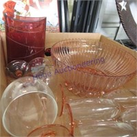 Pink glass--stemmed glasses, bowl, vase