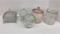 Depression glass canister, chip on lid and 4