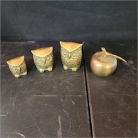 3 Brass Owls and Brass Apple Bell