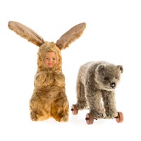 Steiff miniature bear on wheels and bunny doll