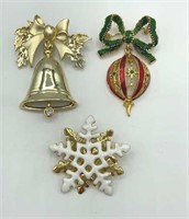 Lot of 3 Christmas Brooches Ornament, Bell,