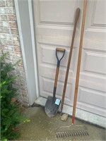 Short handled shovel garden hoe, and rake