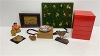 Asian decor lot: picture, small saucer,