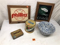 Sports Memorabilia, Tins, & Roseville Pottery Bowl