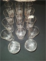 14 Rose glasses & 6 Etched glasses