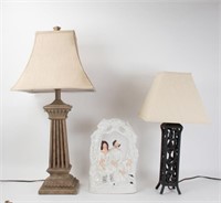 Staffordshire Figure & 2 Openwork Metal Lamps