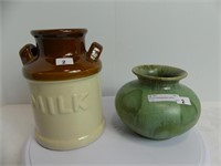 POTTERY HANDLED MILK JAR & HURONIA VASE