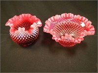 Two Fenton cranberry opalescent Hobnail bowls: