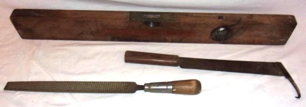 Wooden tools w/ Stanley level.