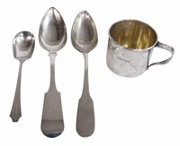 (4) STERLING BABY CUP & COIN FIDDLEBACK SPOONS