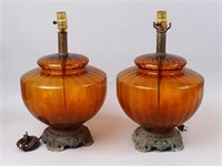 Pair of MCM Amber Glass Table Lamps