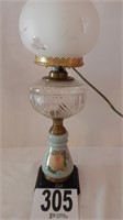CONVERTED OIL LAMP WITH FROSTED GLASS GLOVE 23 IN