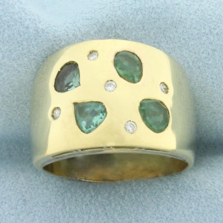 Tsavorite and Diamond Wide Band Ring in 18k Yellow