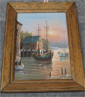 Oil on Canvas Harbor Scene by W. Sherman