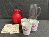 Flamingo cups (3), Glass pitcher