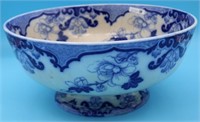 LARGE FLO BLUE FOOTED PUNCH BOWL, CANDIA PATTERN,