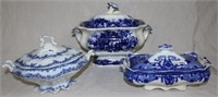 3 19TH C. FLO BLUE COVERED TUREENS, RALEIGH