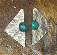 Gold Tone Triangle Earrings with Malachite Stone
