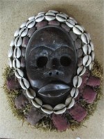 vintage handcarved wooden African Mask w/ Shells