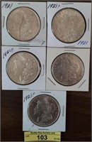 5 Morgan Silver Dollars 1921