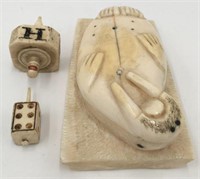 Old Inuit Carved Walrus Tusk Figure, Spinning Tops