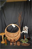 Farmhouse Style Basket, Wooden Spools Candleholder