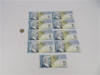 Série de 9 billets de 5$ Canada avec numéro de