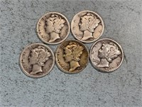 Five Mercury dimes