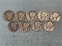 Nine 1930’s Mercury dimes