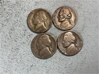 Four 1945D silver nickels