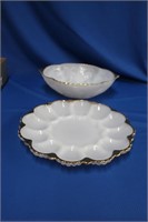 Milk glass with gold trim, bowl embossed with