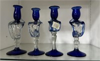 Four Rende Oreks Hand Made Blue Candle Holders