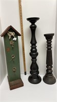 (2) wooden candle holders, decorative bird house
