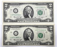 Consecutive Serial Number Two Dollar Bills,