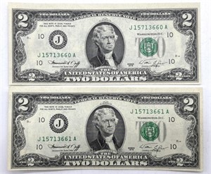 Consecutive Serial Number Two Dollar Bills,